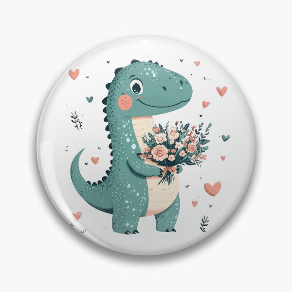 Item preview, Friendly dinosaur with a bouquet of flowers, big smile, teal and green shades with pink accents, surrounded by hearts designed and sold by Jasava Shop.