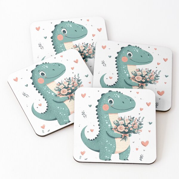 Item preview, Friendly dinosaur with a bouquet of flowers, big smile, teal and green shades with pink accents, surrounded by hearts designed and sold by Jasava Shop.