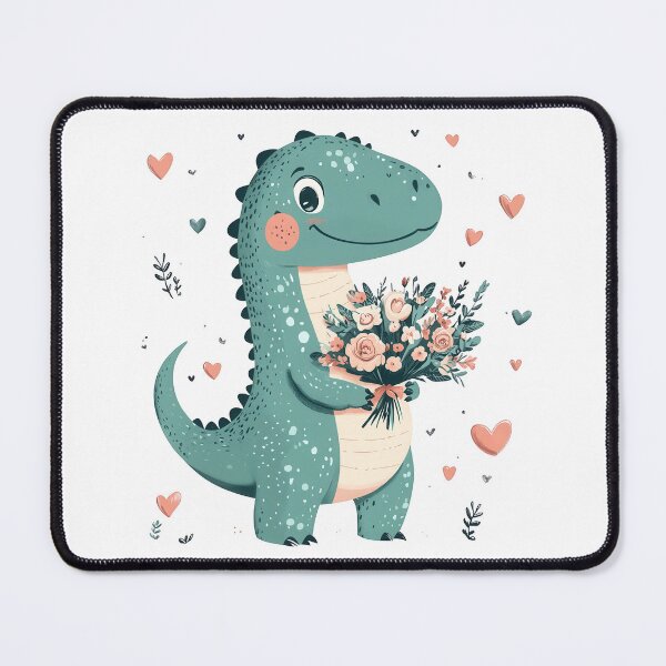 Item preview, Friendly dinosaur with a bouquet of flowers, big smile, teal and green shades with pink accents, surrounded by hearts designed and sold by Jasava Shop.