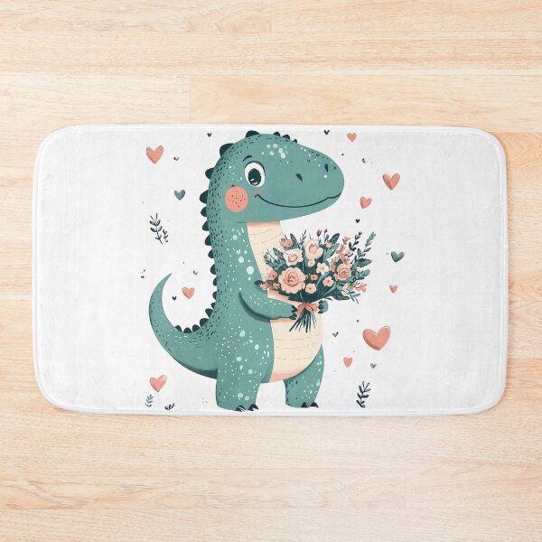 Item preview, Friendly dinosaur with a bouquet of flowers, big smile, teal and green shades with pink accents, surrounded by hearts designed and sold by Jasava Shop.