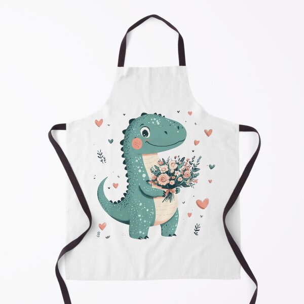 Item preview, Friendly dinosaur with a bouquet of flowers, big smile, teal and green shades with pink accents, surrounded by hearts designed and sold by Jasava Shop.