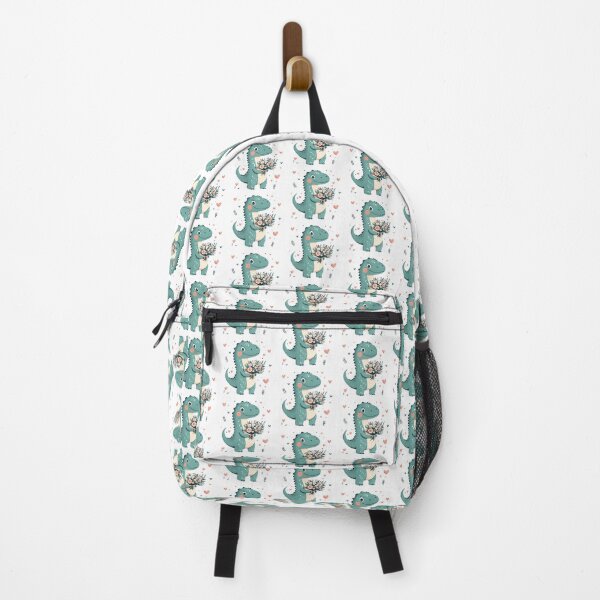 Item preview, Friendly dinosaur with a bouquet of flowers, big smile, teal and green shades with pink accents, surrounded by hearts designed and sold by Jasava Shop.