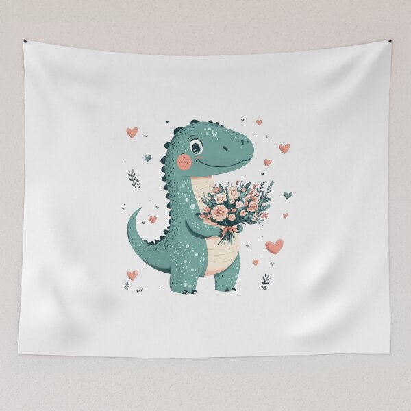 Item preview, Friendly dinosaur with a bouquet of flowers, big smile, teal and green shades with pink accents, surrounded by hearts designed and sold by Jasava Shop.