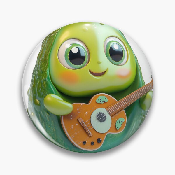 Item preview, Playful avocado character with big eyes, smiling face, holding a mini guitar, lively green and brown tones designed and sold by Jasava Shop.
