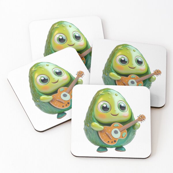 Item preview, Playful avocado character with big eyes, smiling face, holding a mini guitar, lively green and brown tones designed and sold by Jasava Shop.