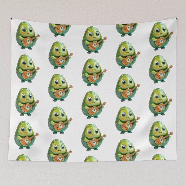 Item preview, Playful avocado character with big eyes, smiling face, holding a mini guitar, lively green and brown tones designed and sold by Jasava Shop.