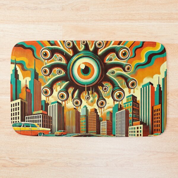 Item preview, Retro Beholder Attacking the City | Vintage Monster Art Print designed and sold by PlasticAuto.