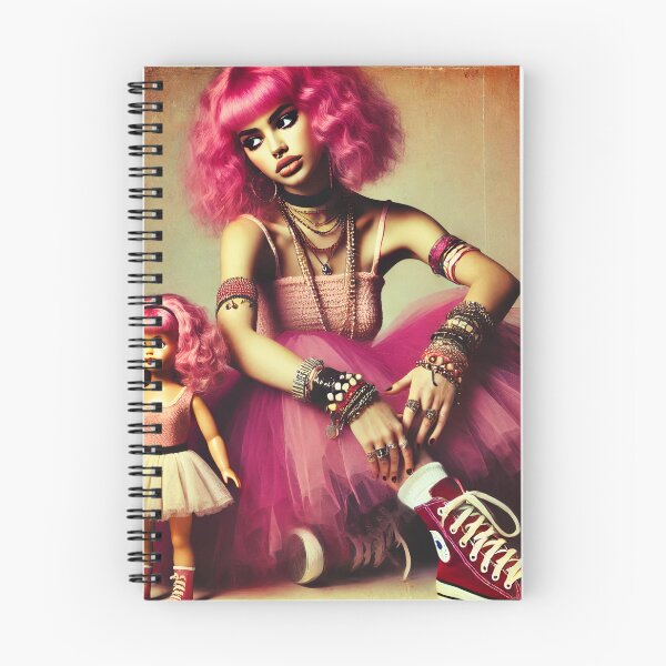Artikelvorschau, Vintage Punk Pop Girl mit rosa Puppe | Retro Vibe Portrait Kunst entworfen und verkauft von ANIARTONLINE.