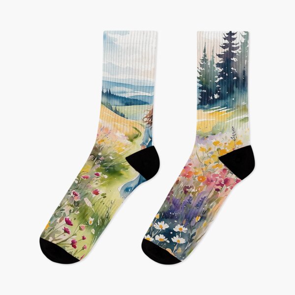 Item preview, Woman walking through a field of wild flowers designed and sold by Moonde04.