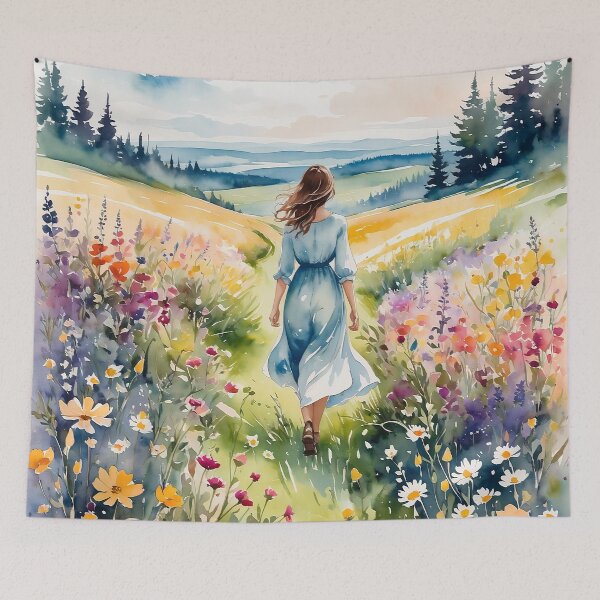 Item preview, Woman walking through a field of wild flowers designed and sold by Moonde04.