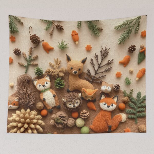 Item preview, Christmas Design in woolen Pattern Grey earth tones, rust, terracotta, and green with cute little forest creatures nestled in-like deer, hedgehogs, owls, squirrels, and foxes designed and sold by Md Rashid  Hasan.