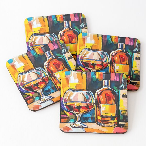 Item preview, Vibrant Abstract Scene of Brandy Bottles and Glass Surrounded by Colorful Shapes Generative AI designed and sold by OlfactoART Studio.