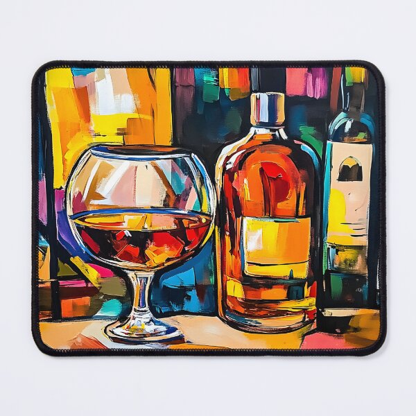 Item preview, Vibrant Abstract Scene of Brandy Bottles and Glass Surrounded by Colorful Shapes Generative AI designed and sold by OlfactoART Studio.