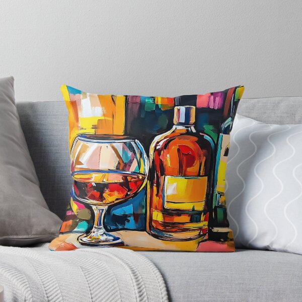 Item preview, Vibrant Abstract Scene of Brandy Bottles and Glass Surrounded by Colorful Shapes Generative AI designed and sold by OlfactoART Studio.