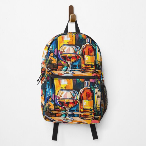 Item preview, Vibrant Abstract Scene of Brandy Bottles and Glass Surrounded by Colorful Shapes Generative AI designed and sold by OlfactoART Studio.