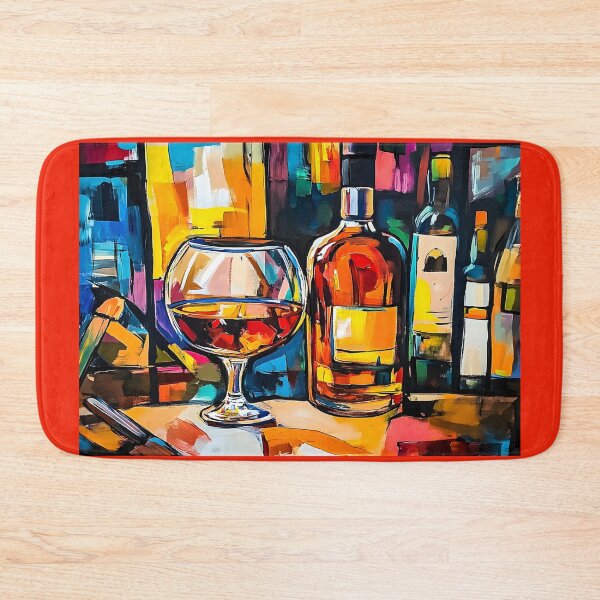 Item preview, Vibrant Abstract Scene of Brandy Bottles and Glass Surrounded by Colorful Shapes Generative AI designed and sold by OlfactoART Studio.