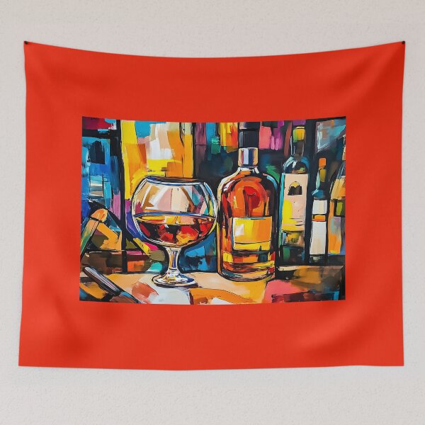 Item preview, Vibrant Abstract Scene of Brandy Bottles and Glass Surrounded by Colorful Shapes Generative AI designed and sold by OlfactoART Studio.