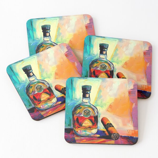Item preview, Vibrant Composition of  Brandy Bottle and Cuban Cigar Against Abstract Background Digital AI Art designed and sold by OlfactoART Studio.