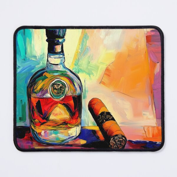Item preview, Vibrant Composition of  Brandy Bottle and Cuban Cigar Against Abstract Background Digital AI Art designed and sold by OlfactoART Studio.