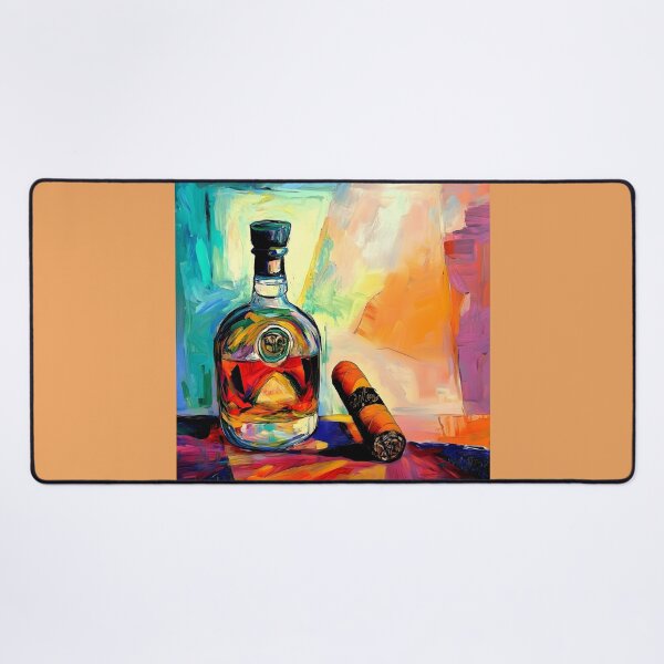 Item preview, Vibrant Composition of Brandy Bottle and Cuban Cigar Against Abstract Background Digital AI Art designed and sold by OlfactoART Studio.