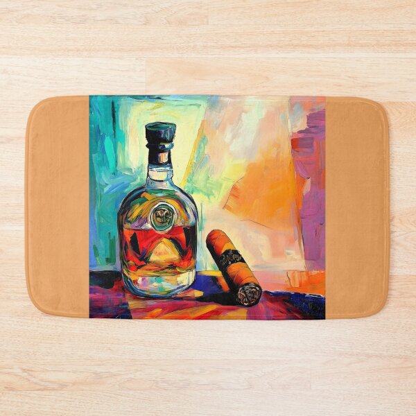 Item preview, Vibrant Composition of  Brandy Bottle and Cuban Cigar Against Abstract Background Digital AI Art designed and sold by OlfactoART Studio.