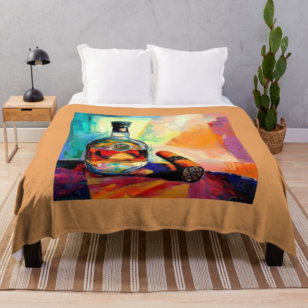 Item preview, Vibrant Composition of Brandy Bottle and Cuban Cigar Against Abstract Background Digital AI Art designed and sold by OlfactoART Studio.