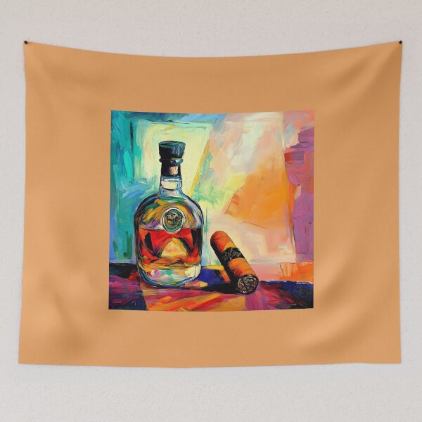 Item preview, Vibrant Composition of  Brandy Bottle and Cuban Cigar Against Abstract Background Digital AI Art designed and sold by OlfactoART Studio.