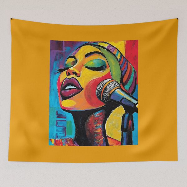 Item preview, Vibrant Portrayal of a Passionate Singer with Bold Colors and Expressive Features, Bright Makeup Generative AI Art designed and sold by OlfactoART Studio.