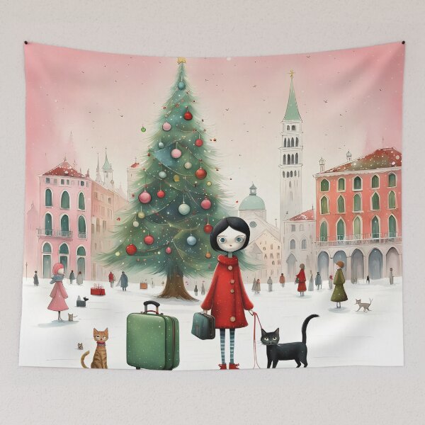 Item preview, Cat woman arrives to the city at Christmas with cats kitten tabbycat designed and sold by Coolparrotgirl.