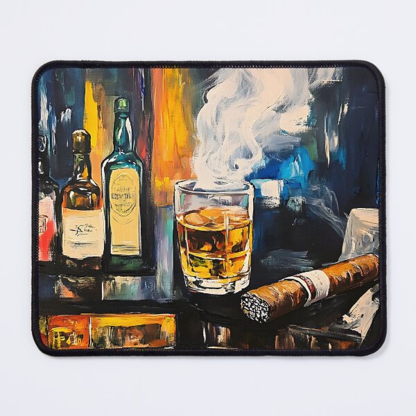 Item preview, Whisky and Cigar on Glossy Surface with Vibrant Background Bottles Abstract Digital AI Art designed and sold by OlfactoART Studio.