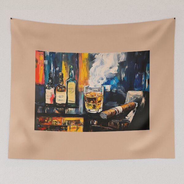 Item preview, Whisky and Cigar on Glossy Surface with Vibrant Background Bottles Abstract Digital AI Art designed and sold by OlfactoART Studio.