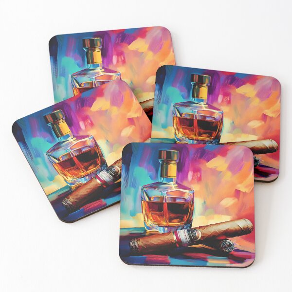 Item preview, Vibrant Multicolored Background Framing a Glass Decanter and Cigars in Luxurious Style designed and sold by OlfactoART Studio.