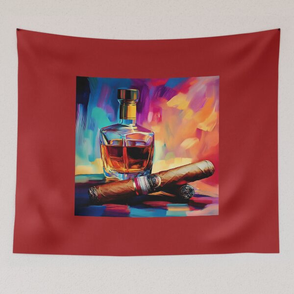 Item preview, Vibrant Multicolored Background Framing a Glass Decanter and Cigars in Luxurious Style designed and sold by OlfactoART Studio.
