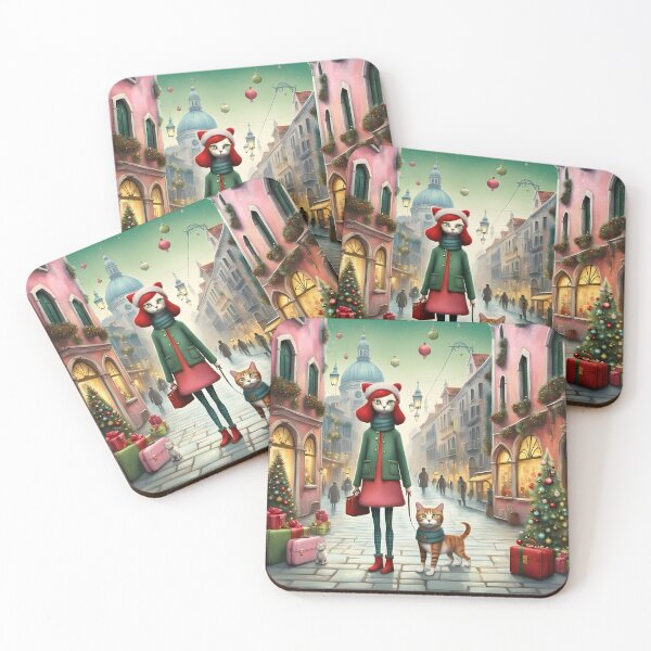 Item preview, Cat woman arrives to the city at Christmas with cats kitten tabbycat designed and sold by Coolparrotgirl.