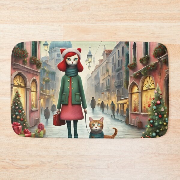Item preview, Cat woman arrives to the city at Christmas with cats kitten tabbycat designed and sold by Coolparrotgirl.