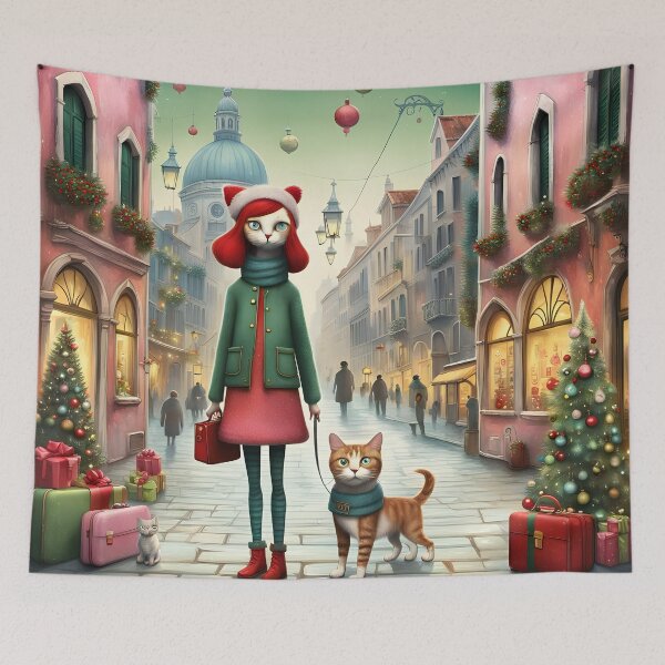 Item preview, Cat woman arrives to the city at Christmas with cats kitten tabbycat designed and sold by Coolparrotgirl.