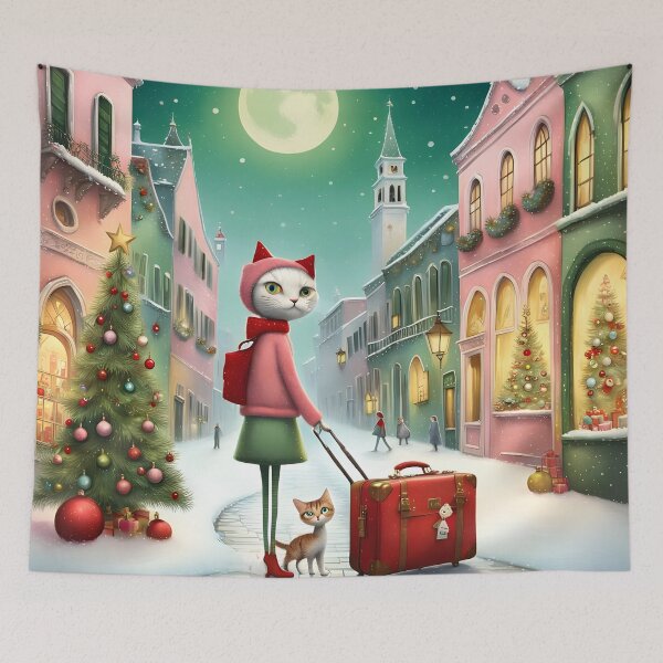 Item preview, Cat woman arrives to the city at Christmas with cats kitten tabbycat designed and sold by Coolparrotgirl.