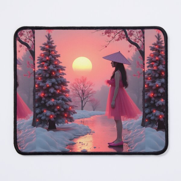 Item preview, Asian young woman watching a Christmas tree in the sunset, orange sky designed and sold by Coolparrotgirl.