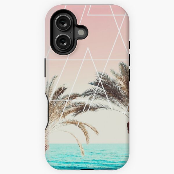 Aperçu de l'œuvre Moderne tropicale palmier coucher de soleil rose bleu plage photographie blanc triangles géométriques créée et vendue par GirlyTrend.
