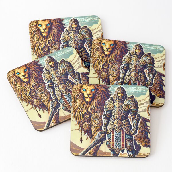 Item preview, Pixel Art Knight and the Majestic Lion Guardian designed and sold by ANIARTONLINE.