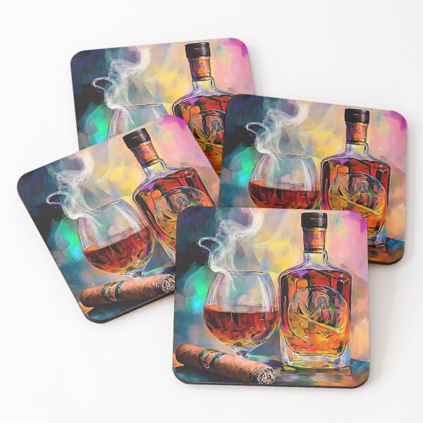 Item preview, Vibrant Display of Liquor Bottle, Glass, and Cigar with Smoky Atmosphere for a Luxurious Vibe AI Generated designed and sold by OlfactoART Studio.