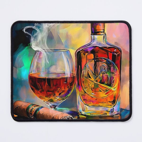 Item preview, Vibrant Display of Liquor Bottle, Glass, and Cigar with Smoky Atmosphere for a Luxurious Vibe AI Generated designed and sold by OlfactoART Studio.
