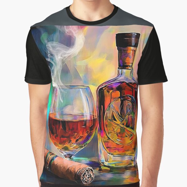 Vista previa del artículo con la obra «Vibrante exhibición de botellas de licor, vasos y puros con atmósfera ahumada para un ambiente lujoso generado por IA», diseñado y vendido por OlfactoART Studio.