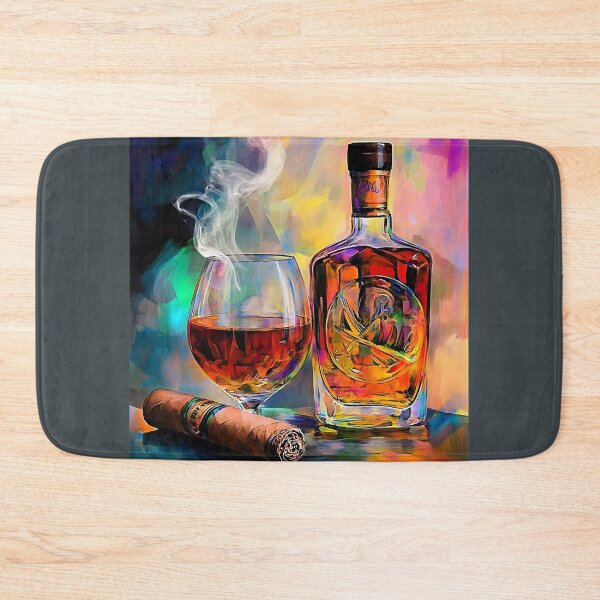 Item preview, Vibrant Display of Liquor Bottle, Glass, and Cigar with Smoky Atmosphere for a Luxurious Vibe AI Generated designed and sold by OlfactoART Studio.