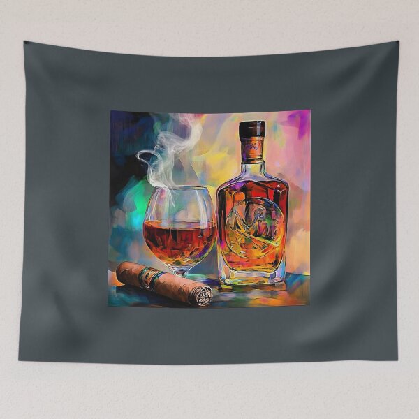 Item preview, Vibrant Display of Liquor Bottle, Glass, and Cigar with Smoky Atmosphere for a Luxurious Vibe AI Generated designed and sold by OlfactoART Studio.