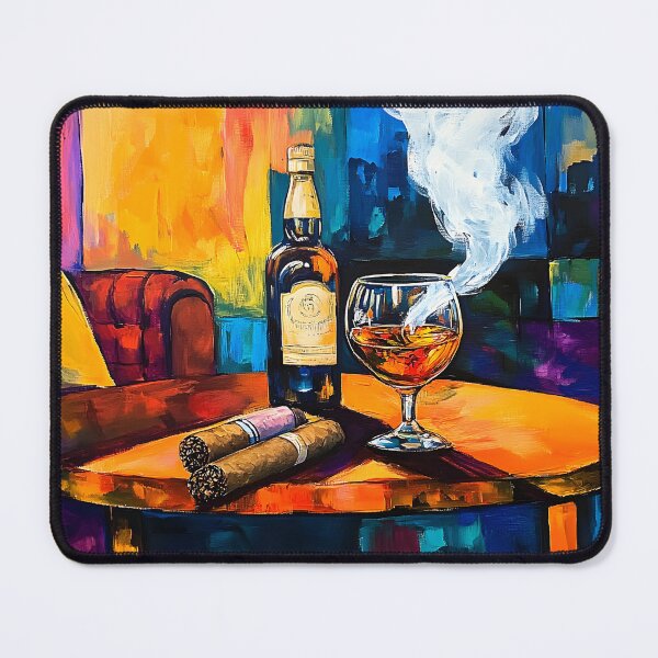 Item preview, Cigar Lounge with Whiskey and Cigars Surrounded by Inviting Colors Abstract Digital AI Generated Art designed and sold by OlfactoART Studio.