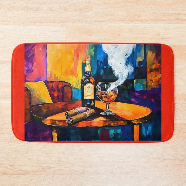 Artikelvorschau, Zigarrenlounge mit Whiskey und Zigarren, umgeben von einladenden Farben, abstrakte digitale, KI-generierte Kunst entworfen und verkauft von OlfactoART Studio.