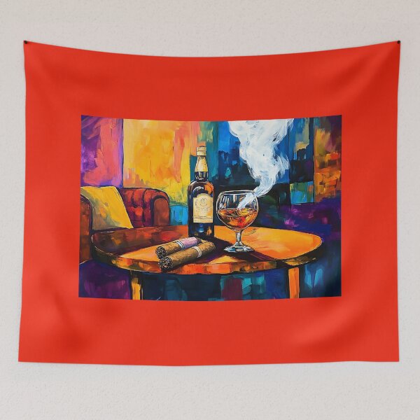 Item preview, Cigar Lounge with Whiskey and Cigars Surrounded by Inviting Colors Abstract Digital AI Generated Art designed and sold by OlfactoART Studio.