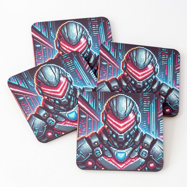 Item preview, Pixel Art Neon Cyber Soldier in Futuristic City designed and sold by ANIARTONLINE.