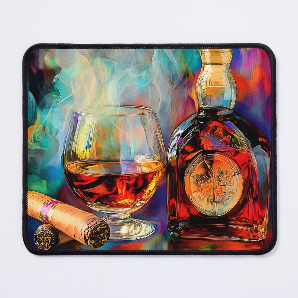 Item preview, Glass and Bottle of Brandy with Lit Cigar in Vivid, Smoky Atmosphere AI Generated Abstract Art designed and sold by OlfactoART Studio.